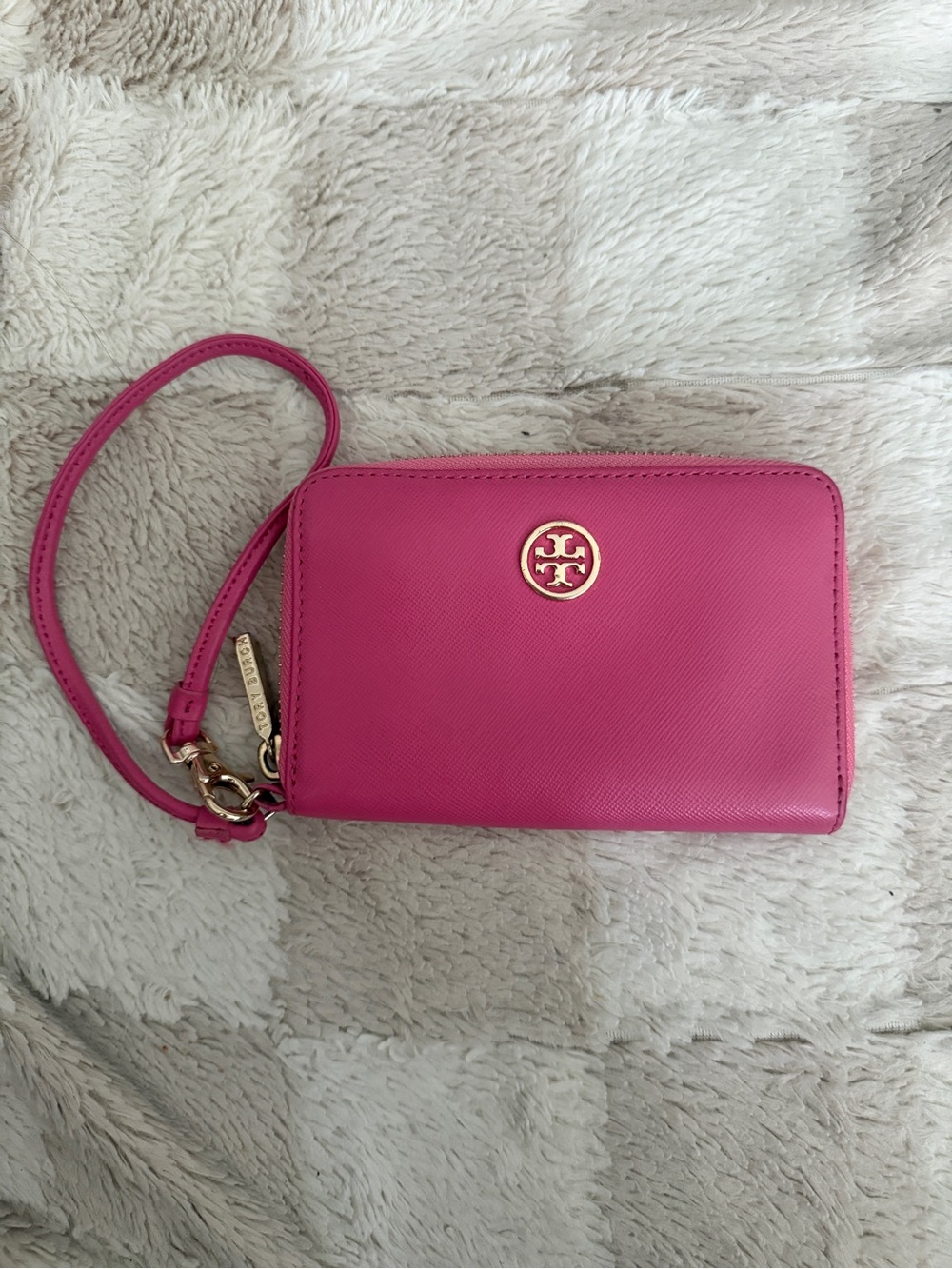 Tory Burch Fuchsia Leather Wristlet with Gold Logo